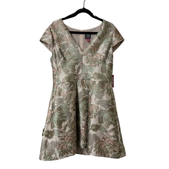 Vince Camuto blush metalic Jacquard Pleated Cap Sleeve Fit & Flare Dress, Sz 14 - Picture 2 of 12